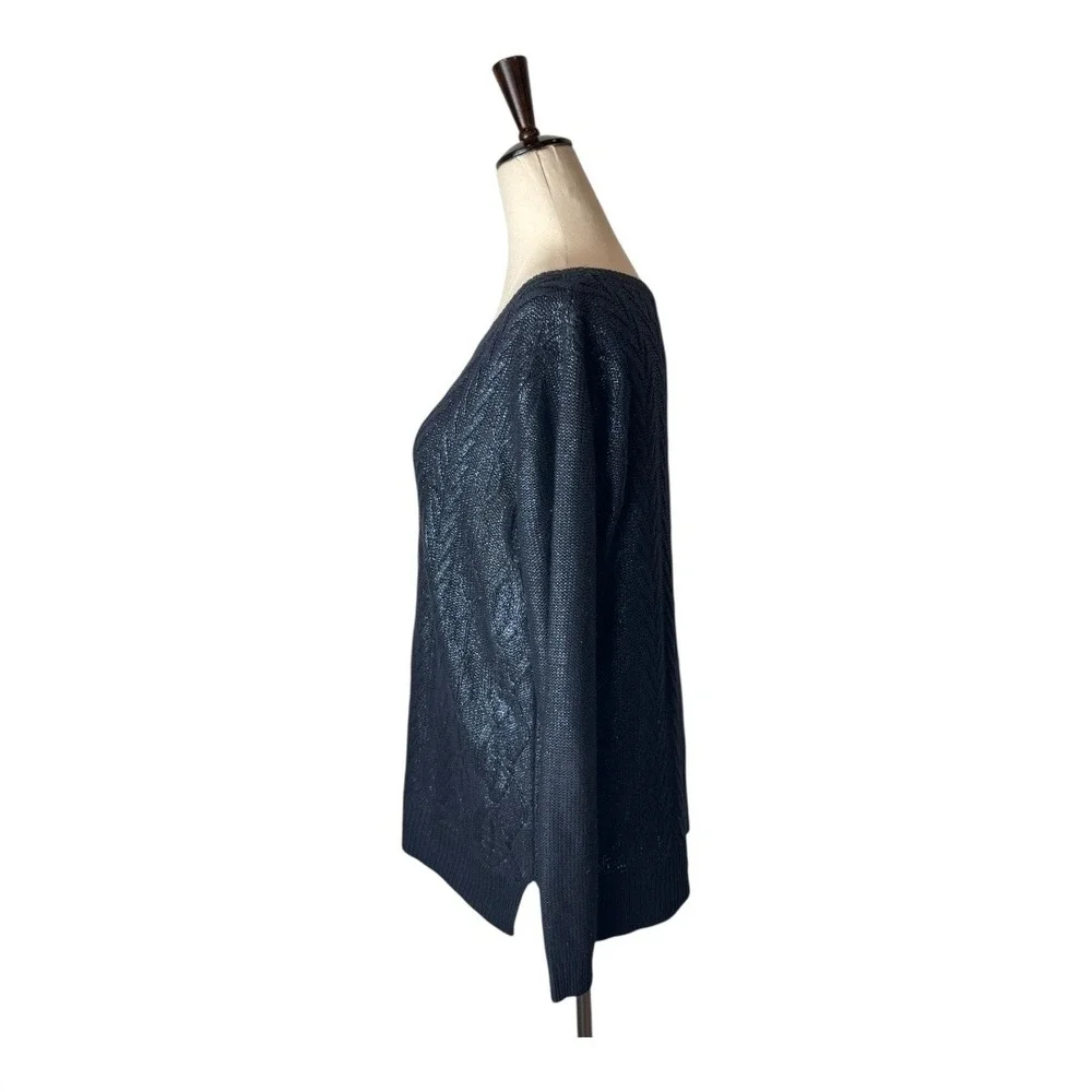 Club Monaco Sweater Women Medium Navy Blue Metallic Cable Knit Pullover Preppy‎